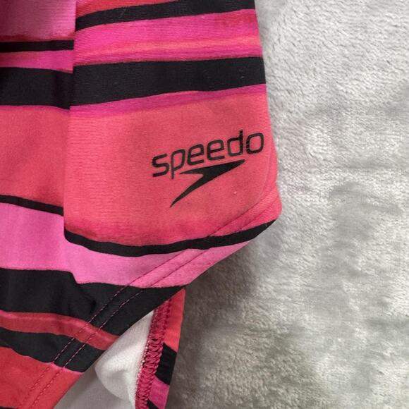 Speedo Swimsuit Womens 6 Pink Black Striped Strappy Back One Piece Swimwear - Picture 3 of 7